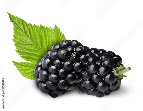 Tasty ripe blackberries and green leaves isolated on white