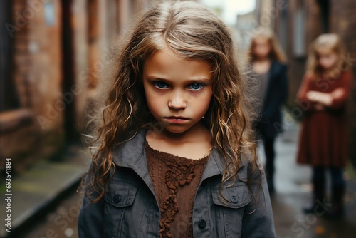 Angry kids gather in a narrow street, their faces contorted with negative emotions, directing their hostile gaze toward the camera, illustrating the issue of bullying at school.