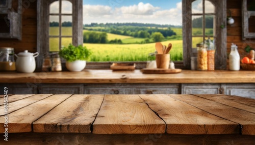 empty wooden table with countryside kitchen in background © Charlotte