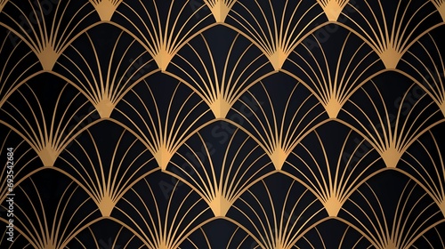 Seamless pattern art deco with golden fan shape and line. 