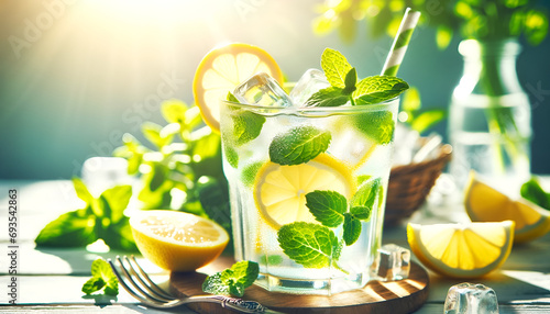 A refreshing glass of lemonade with ice and mint