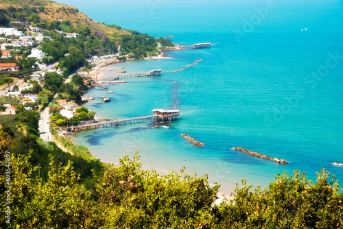 Mediterranean sea coast with traditional fishing trabocco, idillic seascape
