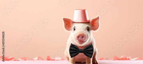 Happy Birthday, carnival, New Year's eve, sylvester or other festive celebration. Cute little pig wearing a bow tie and a hat on pink background