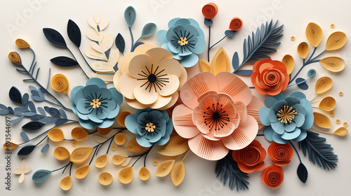 Paper cut spring flowers and leaves  flat style. Generative ai.