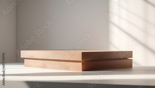 Minimal empty wooden table with sunlight