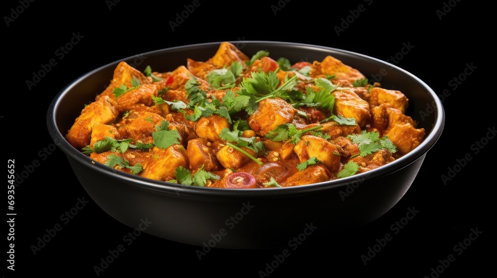 Homemade chicken curry in bowl. Authentic recipe cuisine isolated on black background.