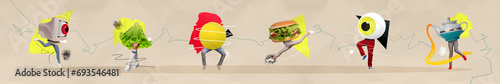 Fotografie Collage panorama absurd internet secure spying lettuce salad girl tennis ball ha