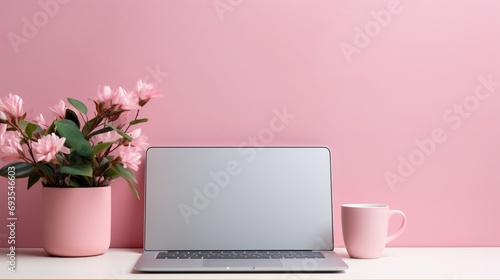 Azalea flowers pot, pink cup laptop template photo