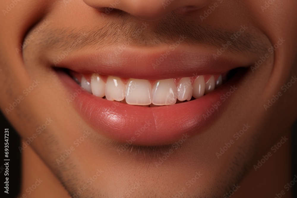 Fototapeta premium Close up shot smiling mixed race male lips, perfect white teeth, dental care concept.