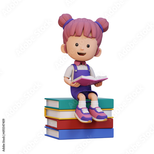 3D happy girl character reading book