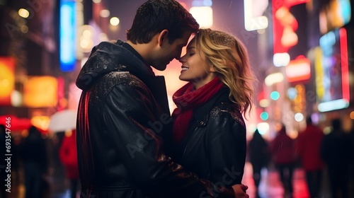  Intimate Couple's Moment Amidst Vibrant City Lights