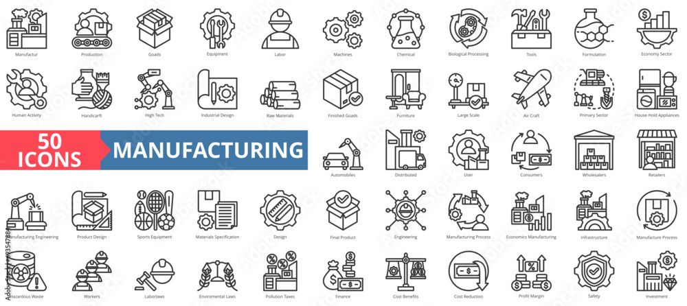 Manufacturing icon collection set. Containing manufacture,production,goods,product,management,business,infrastructure icon. Simple line vector illustration. - obrazy, fototapety, plakaty 