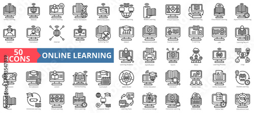 Online learning icon collection set. Containing distance learning,virtual classrom,blended learning,online course,elearning,gamification,homeschooling icon. Simple line vector illustration.