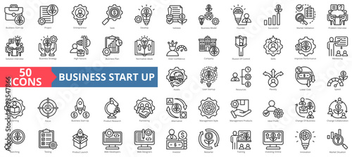 Business startup icon collection set. Containing project,entrepreneur,company,business,management,development,collaboration icon. Simple line vector illustration.