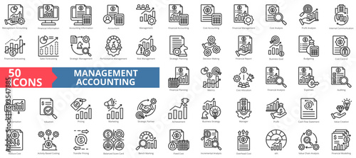 Management accounting icon collection set. Containing economy, business, financial, management,analysis,performance,strategy icon. Simple line vector illustration.