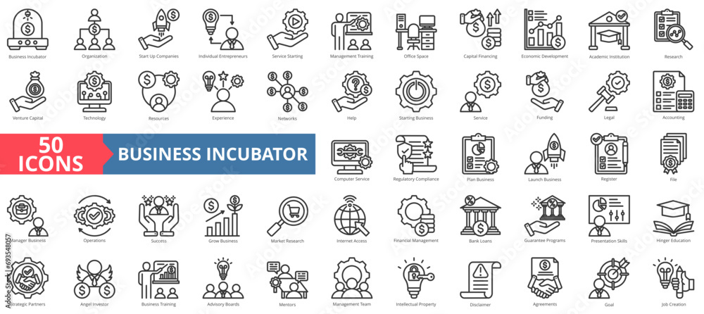 Business incubator icon collection set. Containing company,entrepreneur,service,management,training,economic,development icon. Simple line vector illustration.