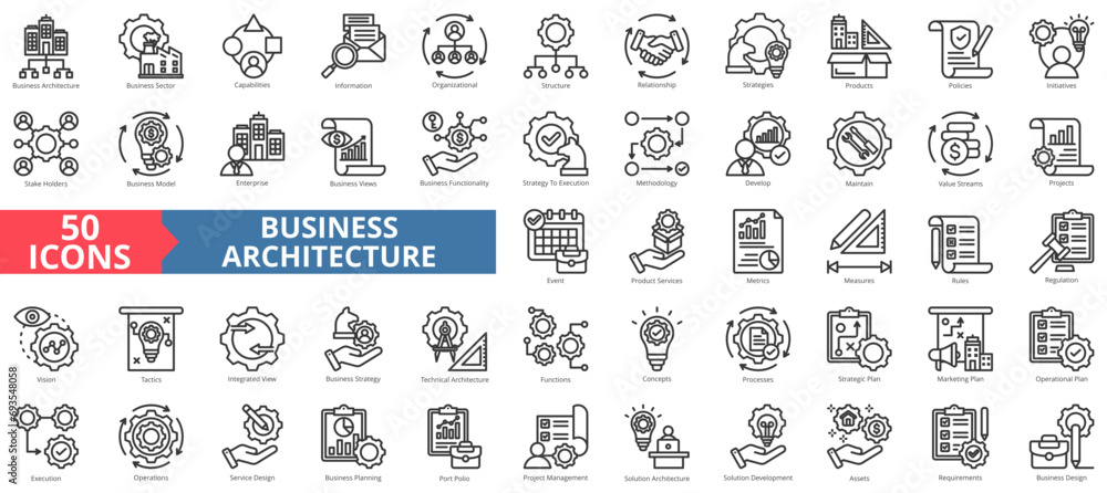 Business architecture icon collection set. Containing strategy,execution,management,execution,operations,service,planning icon. Simple line vector illustration. - obrazy, fototapety, plakaty 