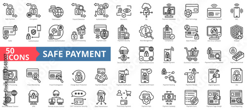 Safe payment icon collection set. Containing encryption,tokenization,fraud detection,authentication,biometric,ssl,payment gateway icon. Simple line vector illustration.