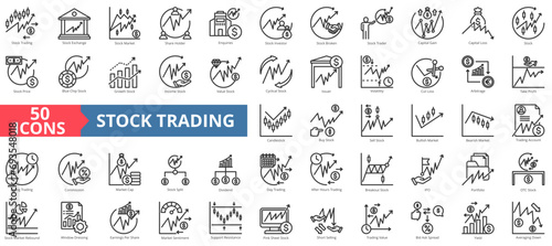 Stock trading icon collection set. Containing exchange,stock market,shareholder,investor,broker,stock trader,capital icon. Simple line vector illustration.