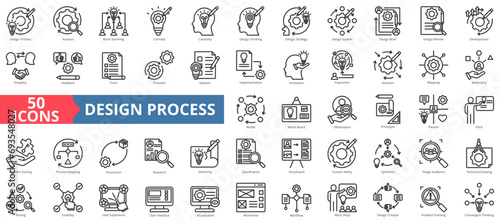 Design process icon collection set. Containing analysis,brainstorming,concept,creativity,design thinking,strategy,design brief icon. Simple line vector illustration.