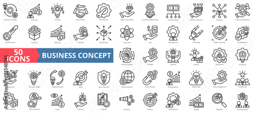 Business concept icon collection set. Containing products,revenue,services,distribution,core value,cost,management icon. Simple line vector illustration.