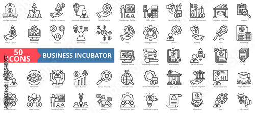 Business incubator icon collection set. Containing company,entrepreneur,service,management,training,economic,development icon. Simple line vector illustration. photo