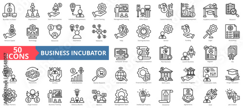 Business incubator icon collection set. Containing company,entrepreneur,service,management,training,economic,development icon. Simple line vector illustration.