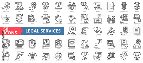 Legal services icon collection set. Containing justice,lawyer,notaries,law,immigration,advocacy,contracts icon. Simple line vector illustration.