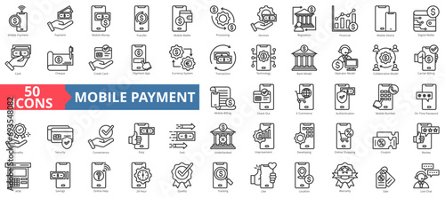 Mobile payment icon collection set. Containing money,transfer,authentication,process,services,regulation,financial icon. Simple line vector illustration.