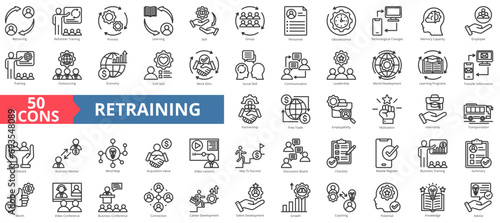 Retraining icon collection set. Containing process,learning,skill,training,soft skill,motivation,internship icon. Simple line vector illustration.