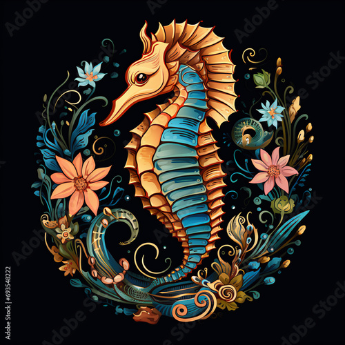 High Resolution Seahorse and Floral Pattern Logo Design in Mosaic Style © HustlePlayground