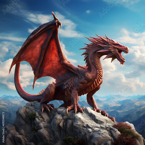 A red Chinese dragon on a rock, on top of a mountain. Blue sky background