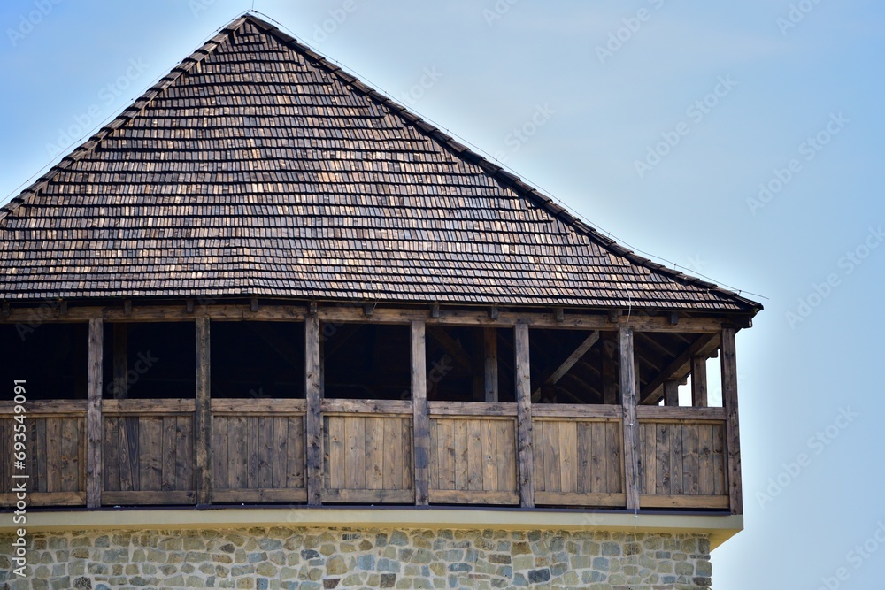 Detail view of the historic wooden tower from the castle