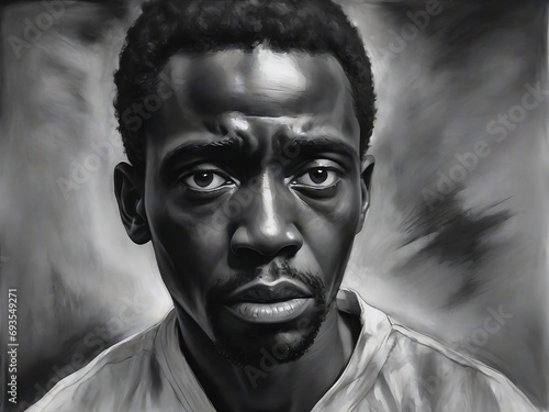 Black and white portrait of the face of a suffering black man. Generative AI