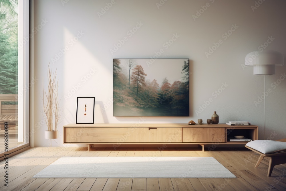 Comfortable sofa and armchair located near TV against windows and door in living room of modern estate Comfortable sofa and armchair located near TV against windows and door in living room of modern estate