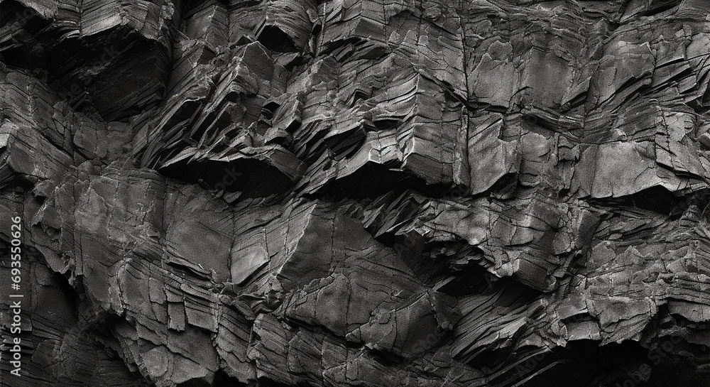 Panorama of black stone wall with cracks and scratches. Black and white background