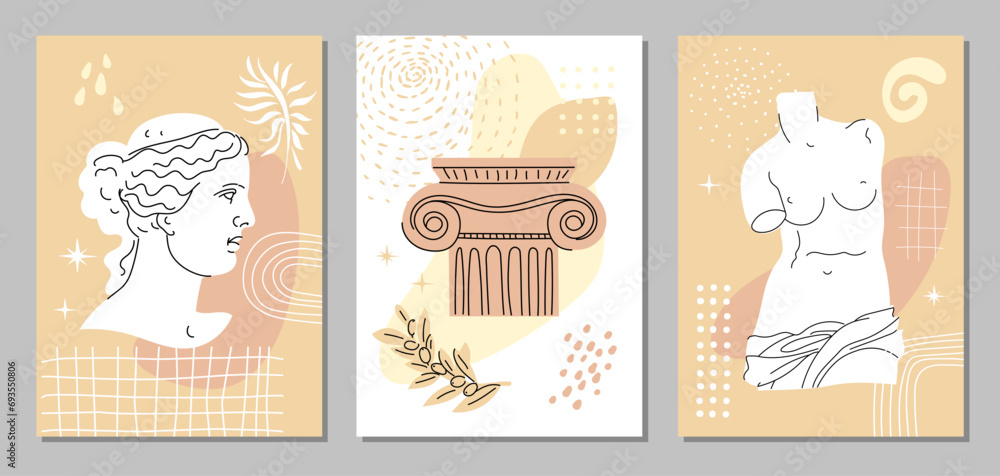 Set of abstract posters with Venus, capitals, abstract elements and plants. Ancient Greek sculpture of the head and torso of Venus. Vertical collection of templates. Pastel tones. Vector.