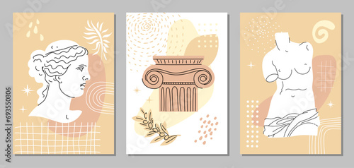Set of abstract posters with Venus, capitals, abstract elements and plants. Ancient Greek sculpture of the head and torso of Venus. Vertical collection of templates. Pastel tones. Vector.