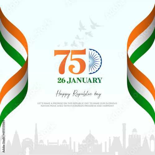 75th Republic day wishes with indian flag and ashoka chakra vector Illustration of Happy Republic Day Text 26 January