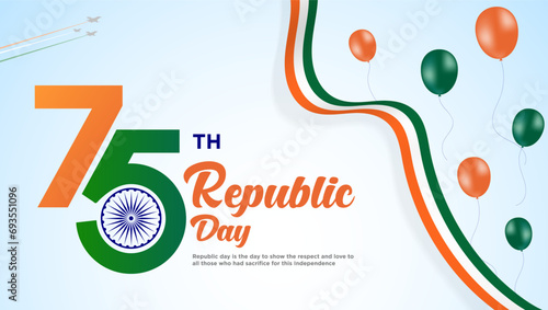 Republic Day of India 26th of January 75th year with Indian flag tricolor ribbon balloon Celebration.