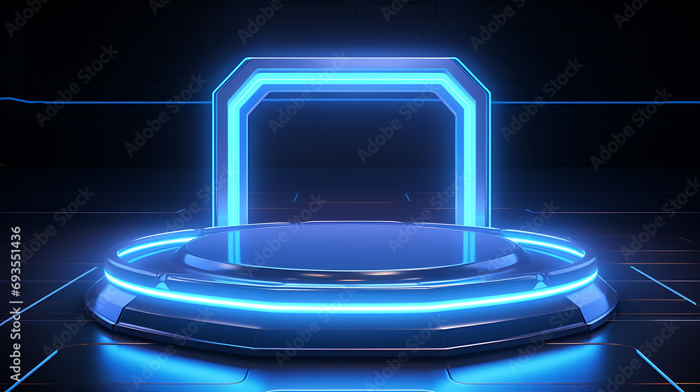 Podium Futuristic Sci fi 3D Rendering Alien blue Neon Glass Modern Empty cyber punk gaming neon light. Generative Ai