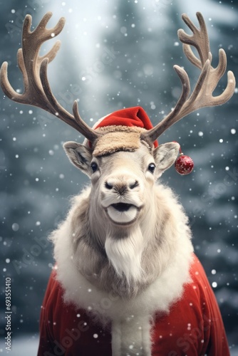 Illustrated Reindeer in a Festive Christmas Hat, Santa's Fictional Companion and Helper, Gifts Ready for New Year's Eve © hisilly