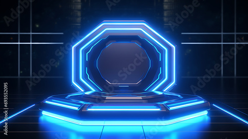 Podium Futuristic Sci fi 3D Rendering Alien blue Neon Glass Modern Empty cyber punk gaming neon light. Generative Ai