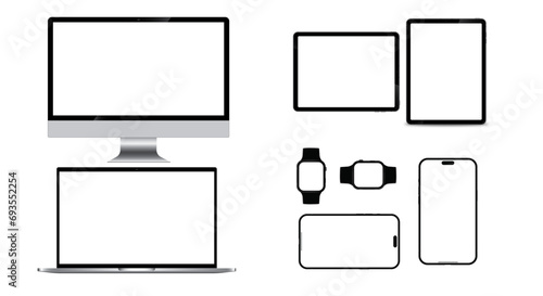 set of phone, laptop, monitor, tablet, smart watch with blank screen mockup
