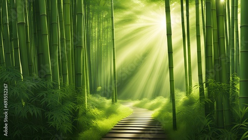 A serene image of a bamboo forest  where sunlight filters through the dense foliage  casting tranquil shadows on the peaceful ground.