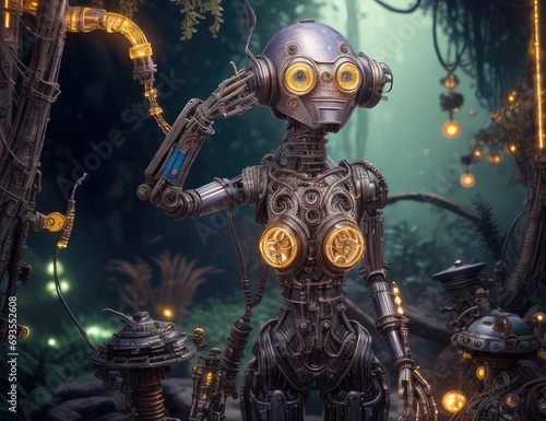 3D rendering of a robot in a fantasy forest. Fantasy world. 