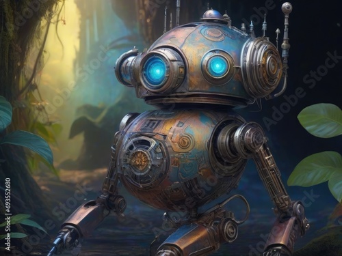 3D rendering of a robot in a fantasy forest. 3D rendering. 