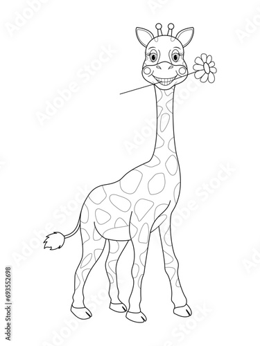 Giraffe for coloring. Linear design for children s coloring book. Coloring outline of a cartoon giraffe with a flower in its teeth.