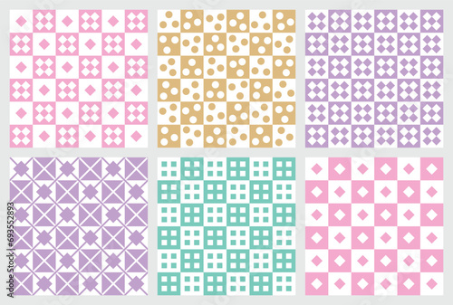 Various colorful check patterns. Set of colorful check patterns with simple shape elements.
