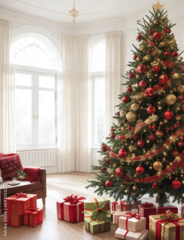 Christmas living room with Christmas tree, presents and fireplace. 3d render
